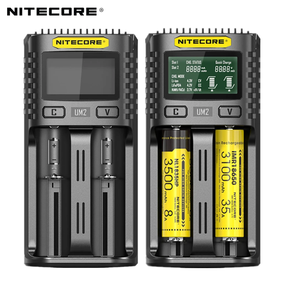 NITECORE UM2 автоматическое универсальное 3а быстрое зарядное устройство интеллектуальное USB Двухслотовое зарядное устройство ЖК-дисплей литий-ионный IMR аккумулятор 18650 21700