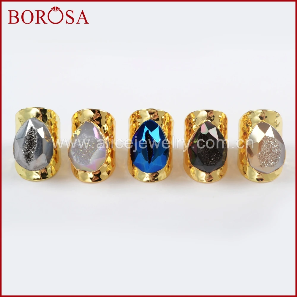 BOROSA Teardrop Drusy Gems Rings for Women Fashion Rainbow Titanium Druzy Faceted Gold Band Party Jewelry G1430 | Украшения и