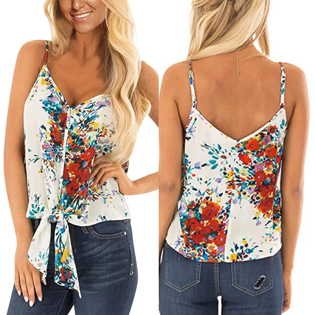 Женская майка на бретельках летняя модная повседневная с принтом и пуговицами