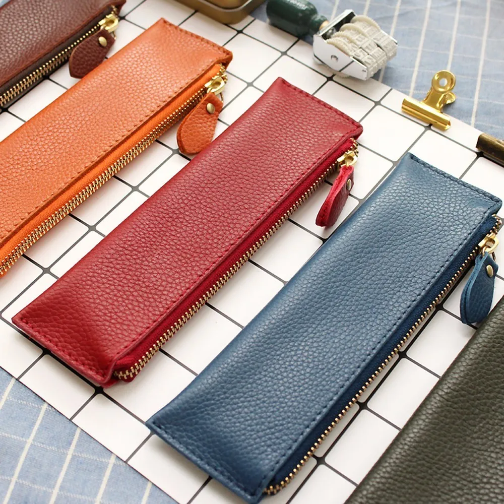 100% Genuine Leather Zipper Pen Pencil Case Bag Creative School Stationary Large Capacity Accessories For Traveler's Notebook