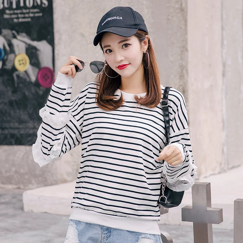 Gkfnmt Striped Petal Sleeve Floral Tshirt 2018 Autumn T Shirt Women Long Tee Femme Loose O-Neck Korea Top | Женская одежда