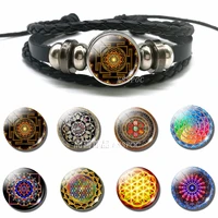 tibetan metatrons cube buddhist mandala bangle glass cabochon jewelry black leather button braided bracelets gifts for women