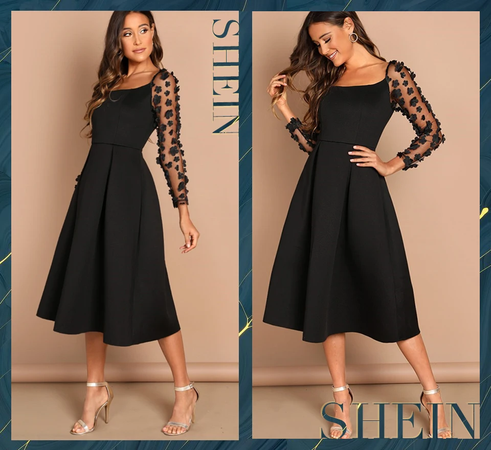 SHEIN Night Out Contrast Mesh Appliques Pleated Square Neck Knee Length Dress Autumn Modern Lady Workwear Women Dresses