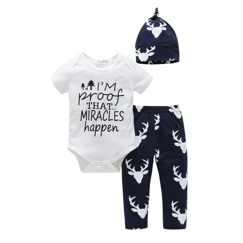 Newborn Baby Boy Clothes Set New letter Summer Cotton T-shirt + deer Pants +Hat Infant Toddle Clothing OutfitS 3Pcs |