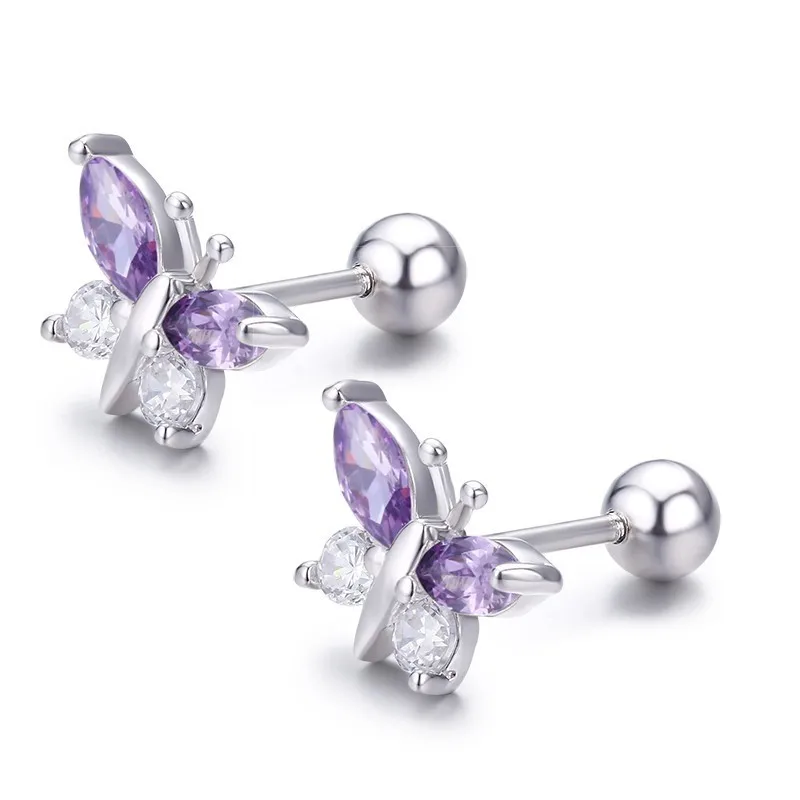 purple Милые 925 пробы серебряные бабочки розовые CZ Винт Назад серьги гвоздики для женщин дети, девочки ювелирные изделия Orecchini Aros Aretes - Окраска металла: purple