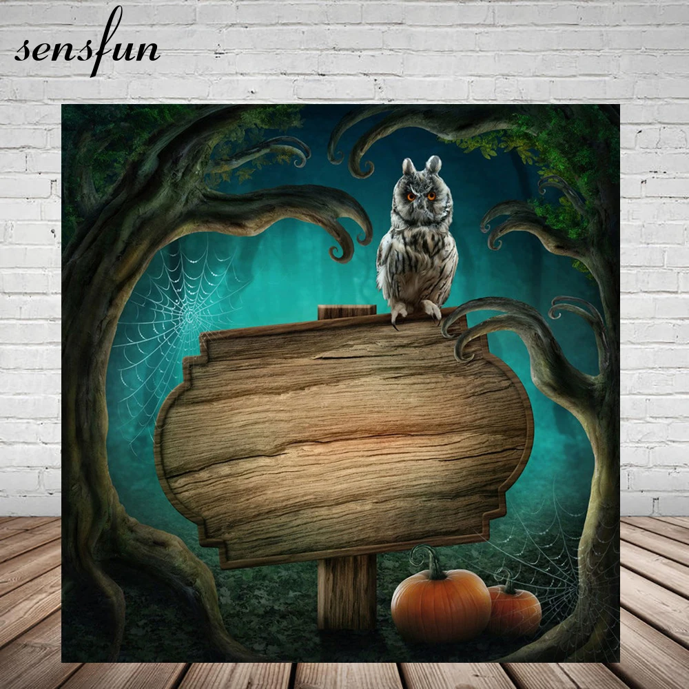 

Sensfun Pumpkin Backdrop For Halloween Day Frost Owl Cobweb Wood Backgrounds For Photo Studio Customized Vinyl