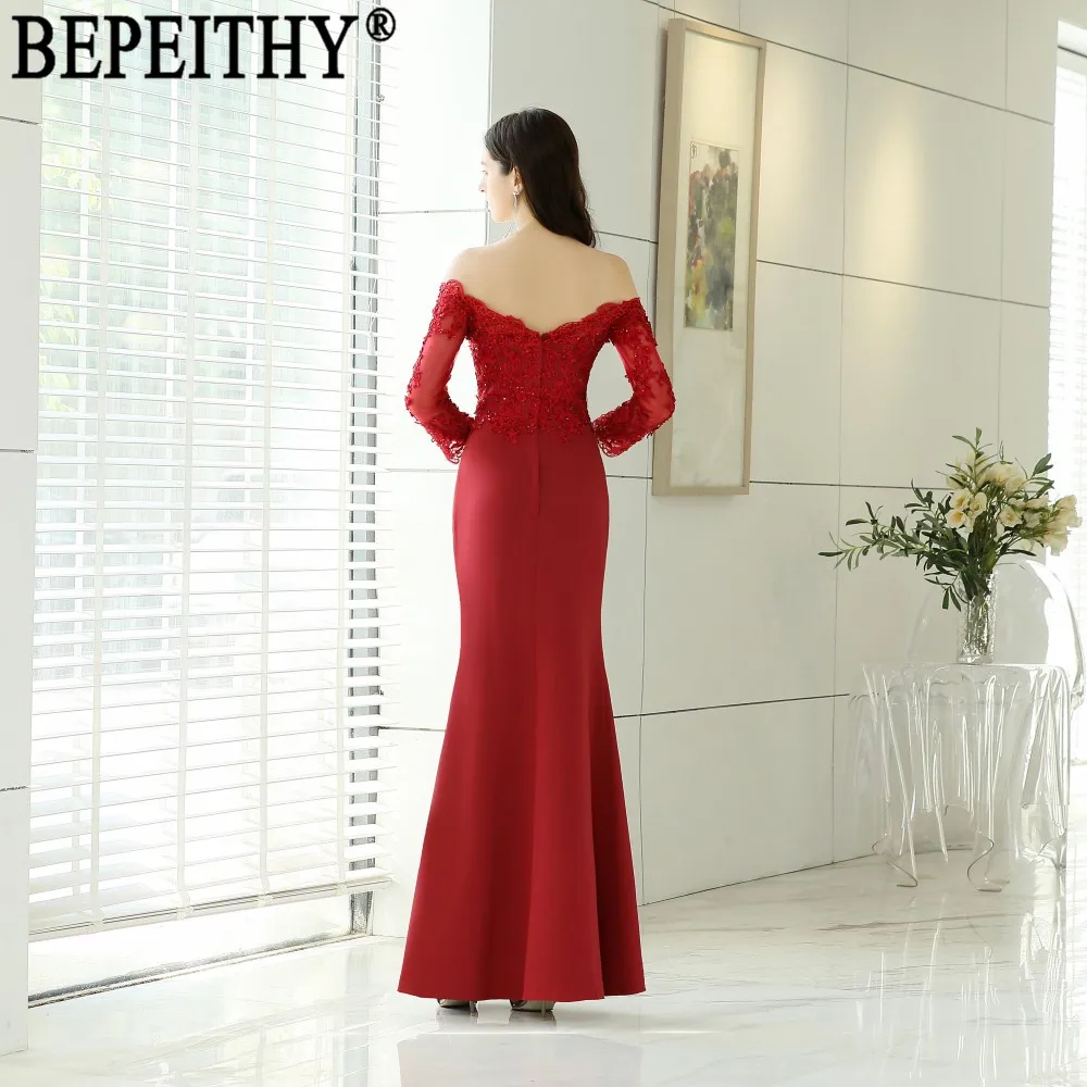 BEPEITHY vestido de festa дизайн вырез лодочка, аппликация бисером красные атласные длинные в стиле русалки вечерние платья