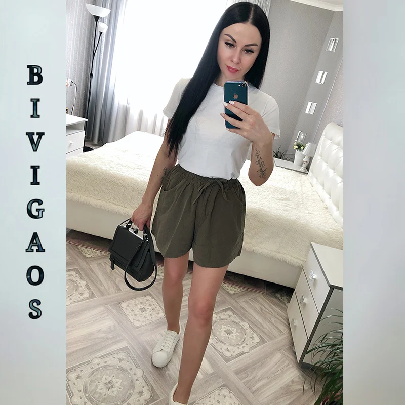 Bivigaos лето Стиль досуга женские хлопчатобумажные шорты черные повседневные свободные широкие шорты шнуровка с высокой талией короткие женские трусы кюлот Хлопок Лен Широкие шорты