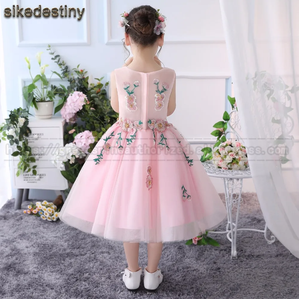 Sikedestiny розовые платья для девочек с цветочным узором Sheer Jewel шеи поясом оборками