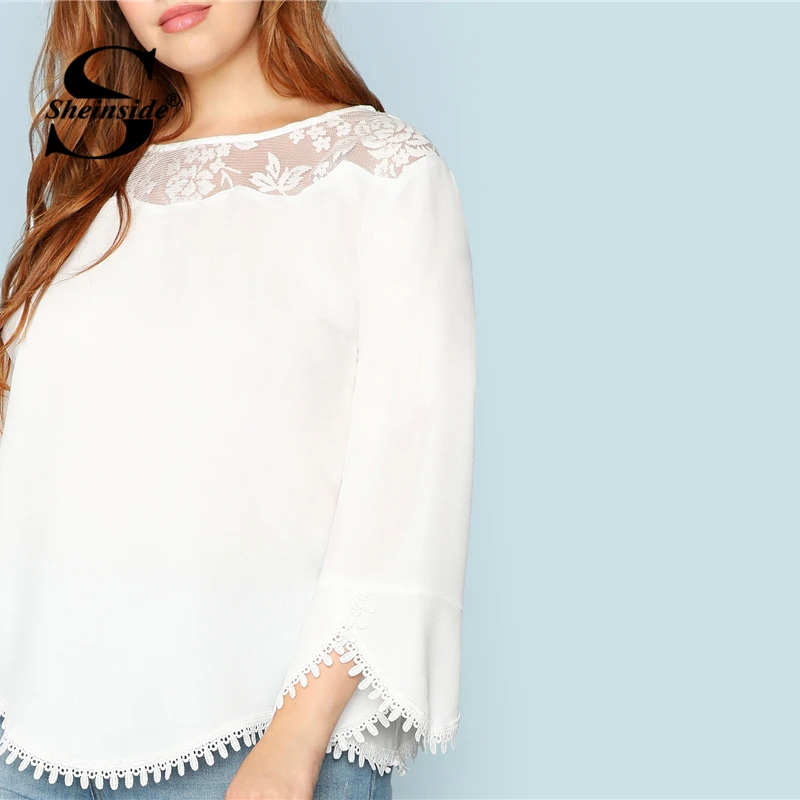 Sheinside, плюс, прозрачные плечи, кружевная отделка, Топ для женщин, весна, одноцветные, три четверти, длина рукава, блузки, элегантный белый топ