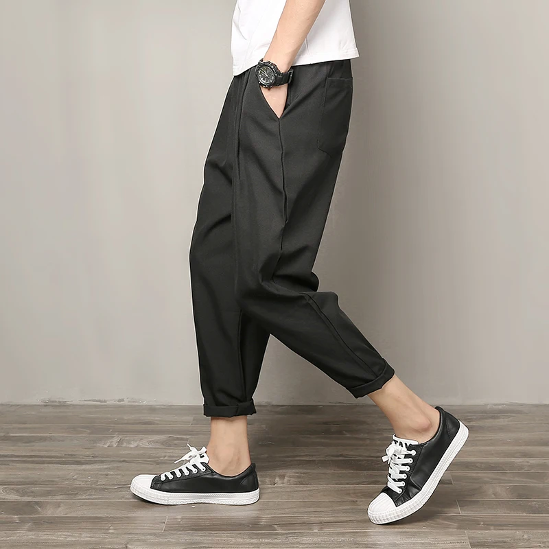 Хлопковые льняные джоггеры черные мужские шаровары Харадзюку фитнес