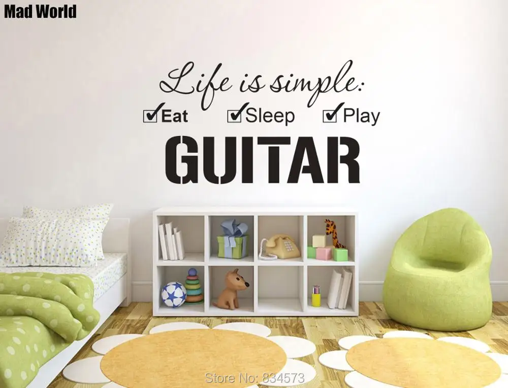 

Mad World-Life is simple Eat Sleep Play Guitar настенные художественные наклейки, настенные наклейки, украшения для дома «сделай сам», съемные декоративные нас...
