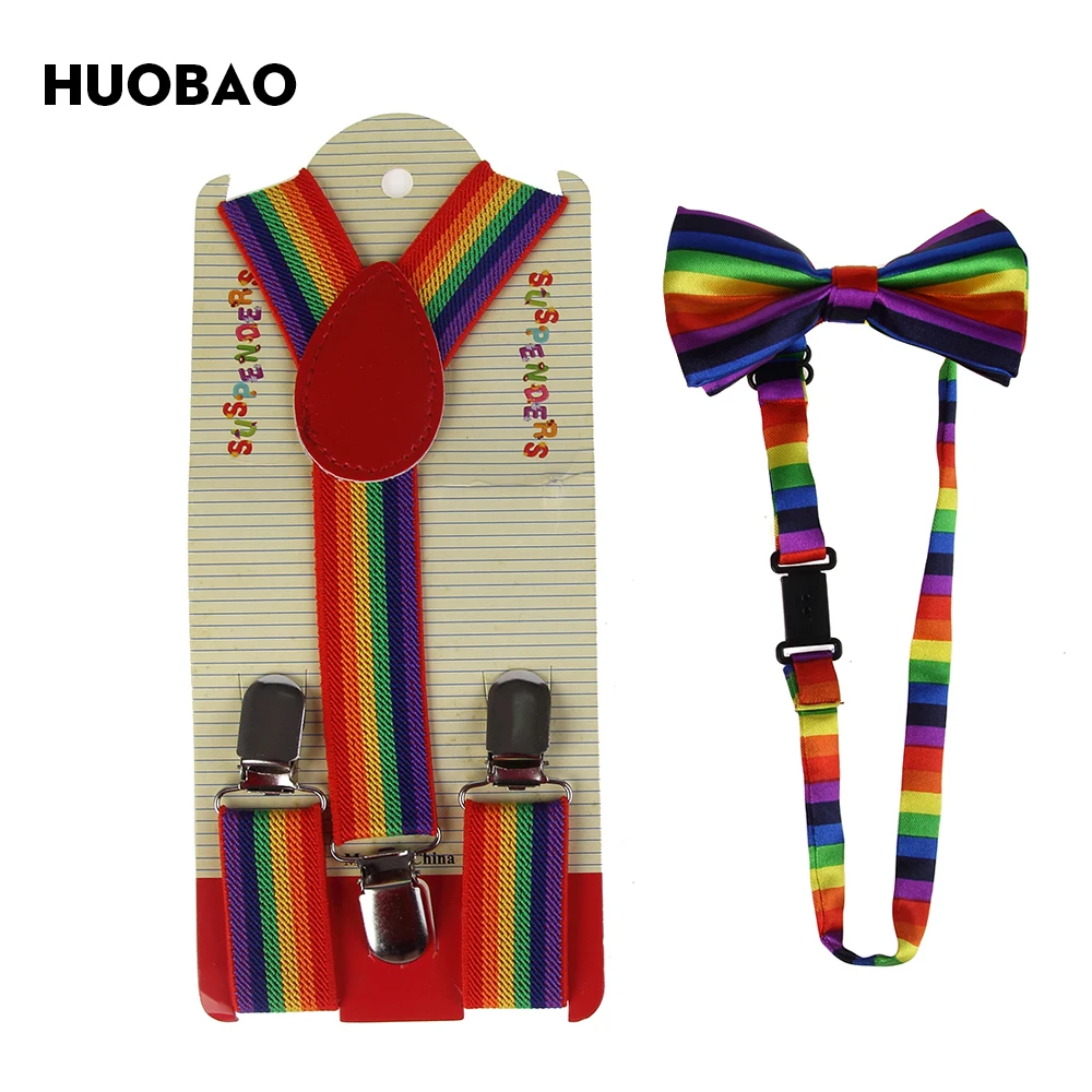 

HUOBAO 2019 Red Rainbow Striped Suspenders Bowties Sets For Kids Children Boys Girls