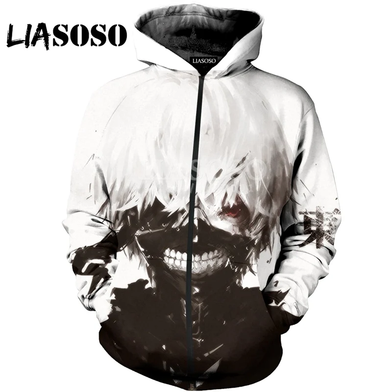 LIASOSO, новинка, 3D принт, для женщин и мужчин, аниме, Токийский Гуль, с капюшоном, пуловер, толстовки, на молнии, куртка, Harajuku, хип-хоп, X0617