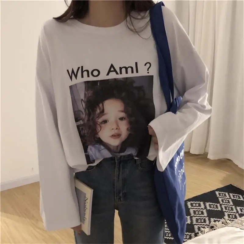 Женская винтажная Туника Ulzzang Harajuku осенняя свободная футболка с длинным рукавом