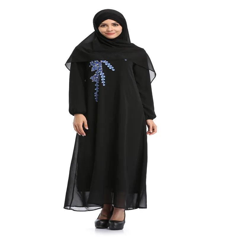 Женское мусульманское шифоновое платье с вышивкой и длинным рукавом Jilbab
