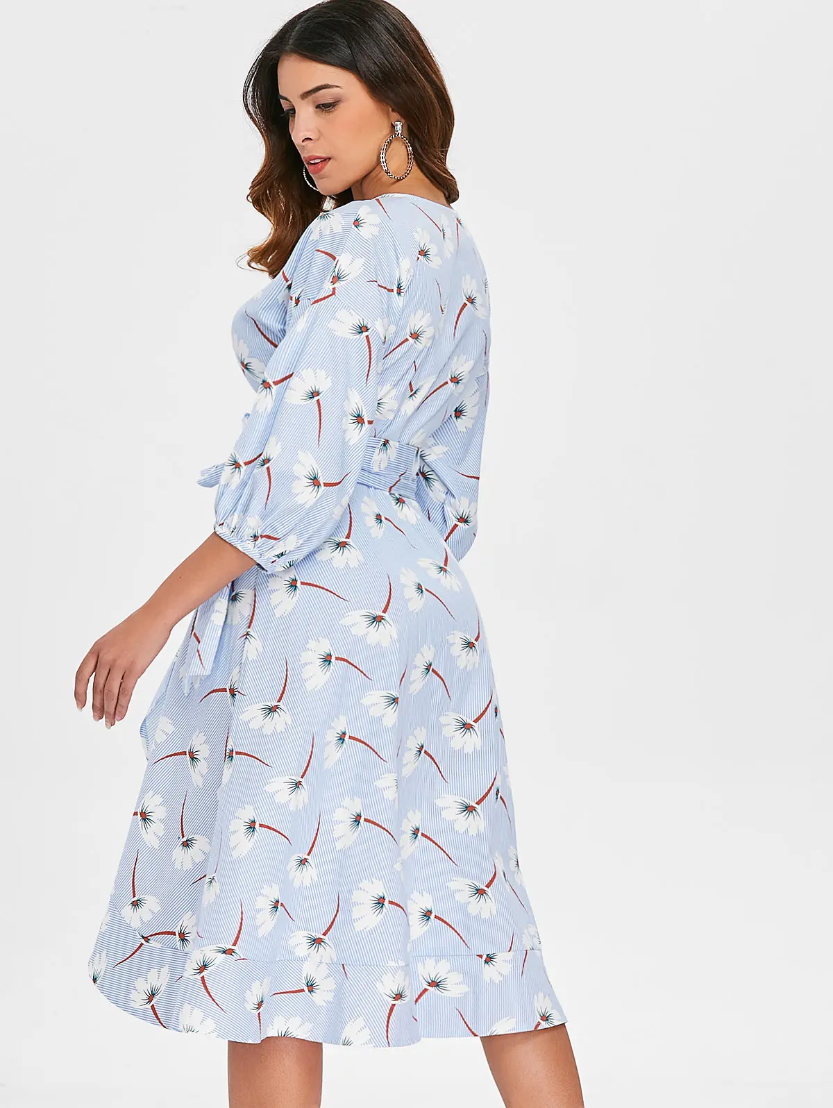 Женское платье в полоску Kenancy с v образным вырезом и пышными рукавами|Женские