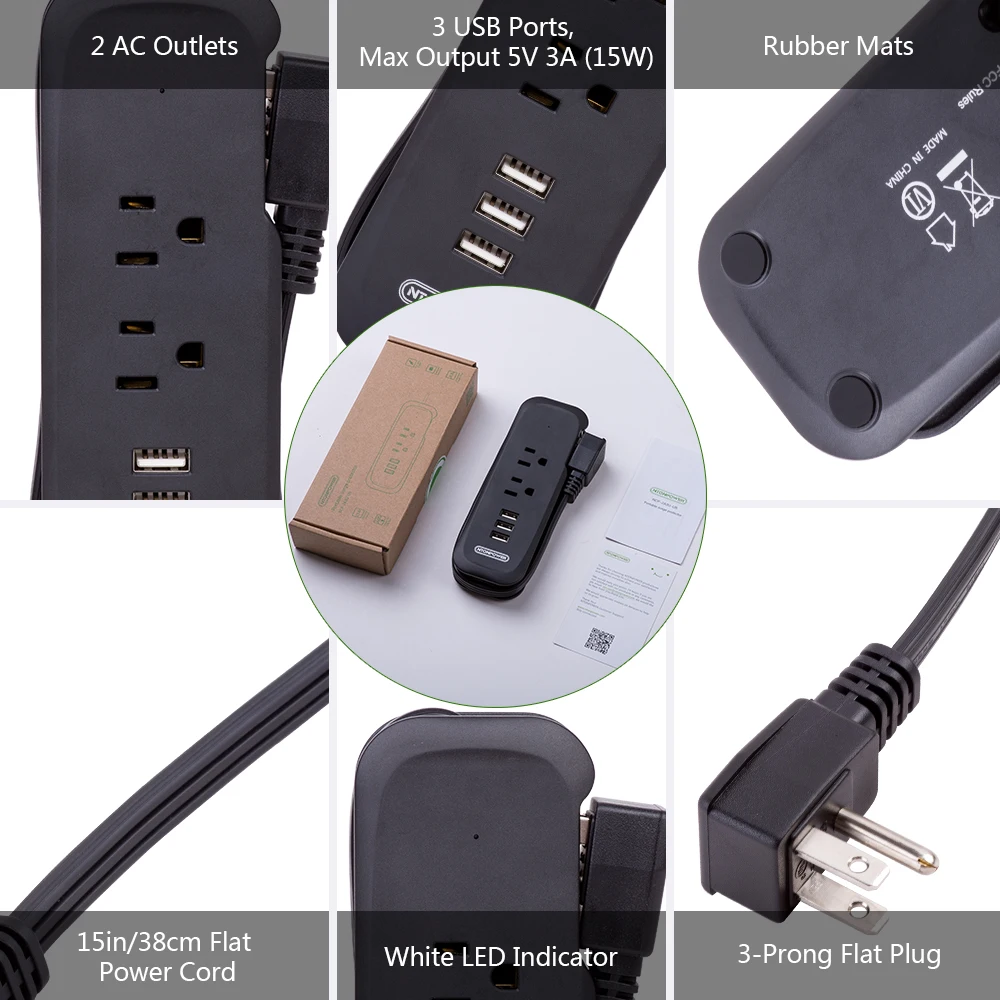 Сетевой блок питания NTON для путешествий с USB US электрическая плоская вилка мини настольная зарядка с 15-дюймовым удлинителем для круизного корабля