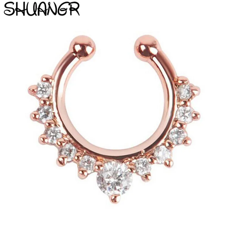 

SHUANGR Crystal FashionClicker Fake Septum for Women Body Clip Hoop Vintage Fake Nose Ring Faux Piercing Body Jewelry Wholesale