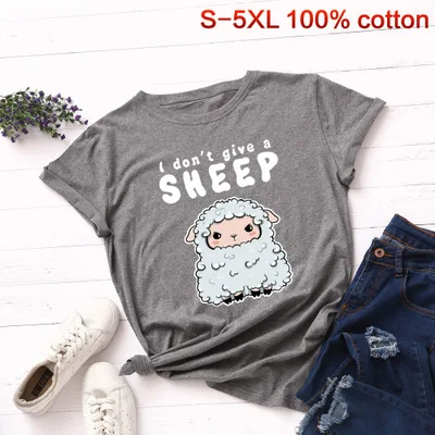 SINGRAIN, S-5XL размера плюс, футболка, милая, с принтом овечки, футболка, хлопок, с надписью, женские топы, свободные, повседневные, с рисунком животных, футболка - Цвет: dark gray