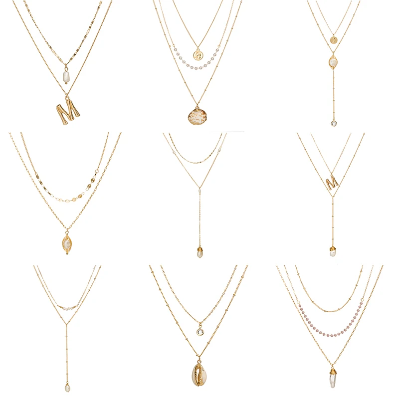

Banquet Wedding Party Natural Gold Shell Pendant Necklace for Women 3 Multi-layer Long Chain Natural Pearl Pendant Lady Necklace