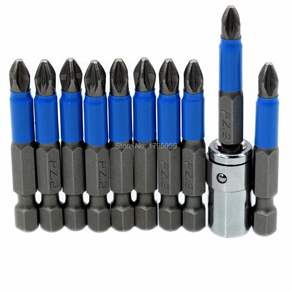

10pcs PZ2 Pozidriv Screw Driver 50mm Non-slip Screwdriver Bits with 1/4" Square Drive to 1/4" Hex Adaptor Socket Bits Converter