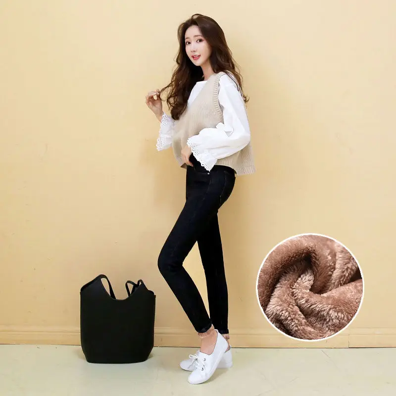 Плюс бархатные утепленные Джинсы женские Джинсовая ткань зимние джинсы длинные