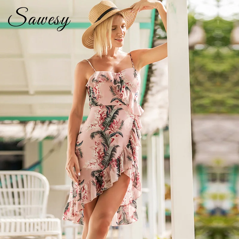 Летние платья для Для женщин 2018 Мода Цветочный принт рюшами Короткое платье Boho