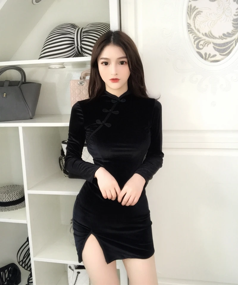 Женское винтажное бархатное платье Cheongsam черное облегающее с длинным рукавом в