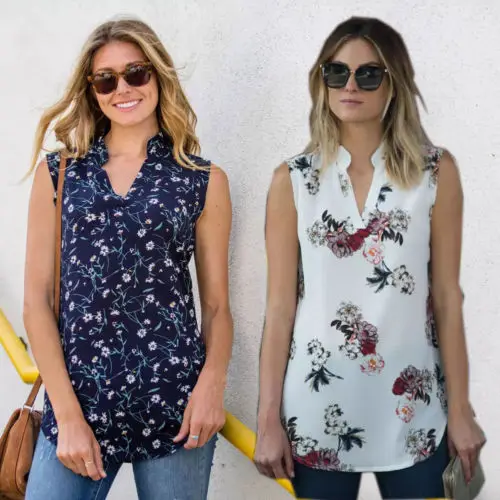 

Women Summer Sleeveless Floral Shirt Floral Print Tops V-Neck Loose Shirt Chiffon Casual Tee Tops Casual Ladies Clothes 2018