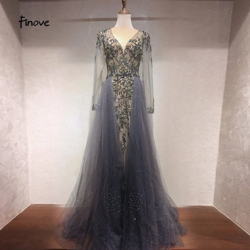 Finove вечернее платье длинное Robe de soiree сексуальное платье с v-образным вырезом в стиле ампир Линия Иллюзия Тюль полностью вышитое бисером длина до пола женское платье платья