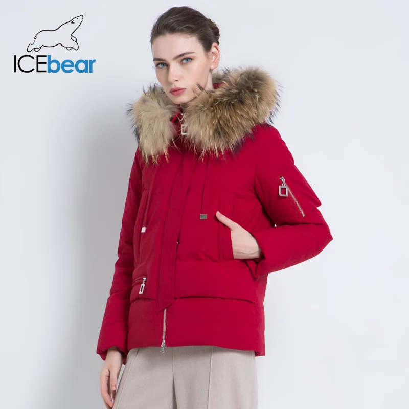ICEbear Зимняя куртка с капюшоном и отороченным натуральным мехом енота Женская куртка высококачественная теплая куртка Стильная женская одежда бренда GWD19062I