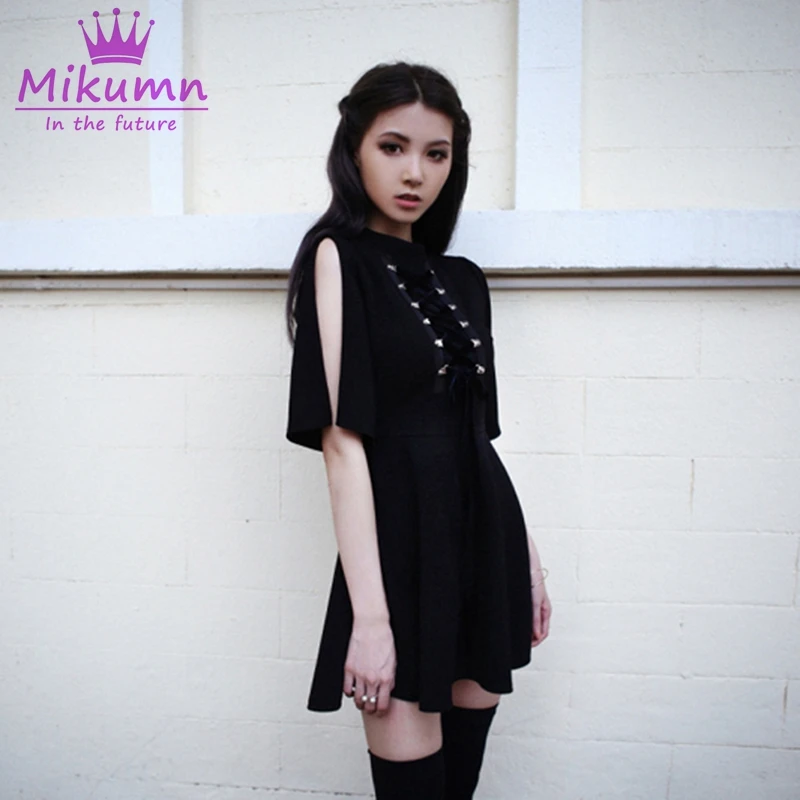 Платье женское черное со шнуровкой и высокой талией|Женские платья| |