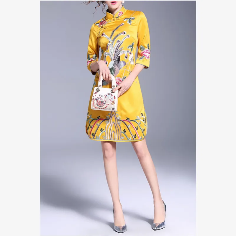 2018 Весна Для женщин китайское платье Вышивка Феникс розовый Cheongsam Винтаж Вышитые