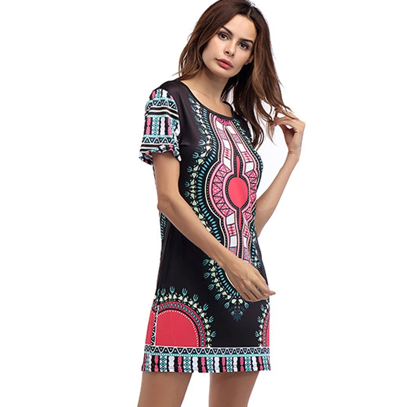 2017 летние винтажные инди-фолк-принтом мини-платье Boho Дамы О-образным вырезом с
