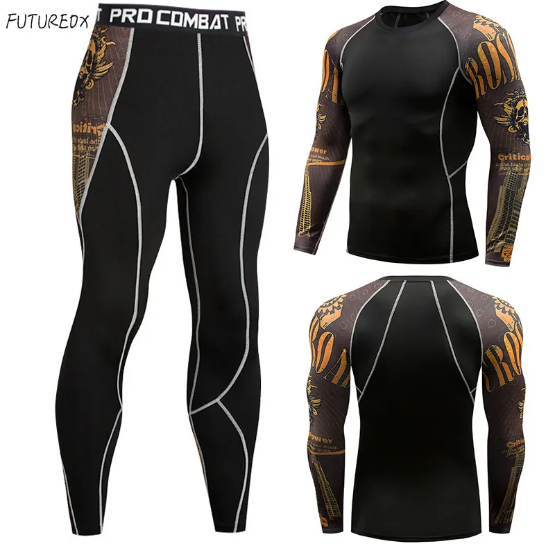 High stretch 2018 men's T-shirt MMA skull long-sleeved T-shirt men's compression shirt fitness bodybuilding sportswear suit