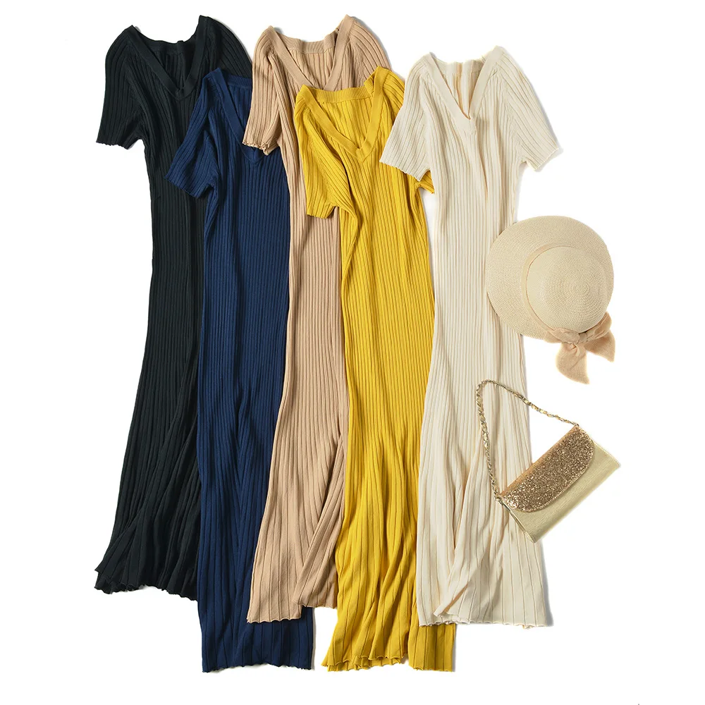 Женская одежда с коротким рукавом Трикотажное макси платье женское длинное