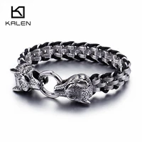 kalen punk animal wolf charm bracelets men stainless steel pulseira masculina leather wristband boho jewelry