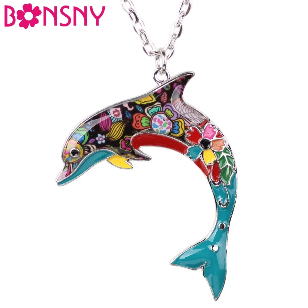 

Bonsny OCEAN Collection Maxi Statement Metal Alloy Choker Dolphin Necklace Chain Collar Pendant Fashion New Enamel Jewelry Women