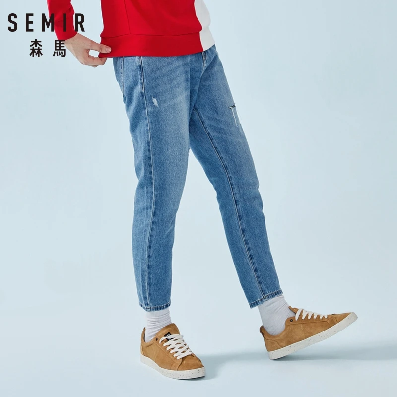 Мужские облегающие джинсы SEMIR мягкие хлопковые брюки до щиколотки с потертостями
