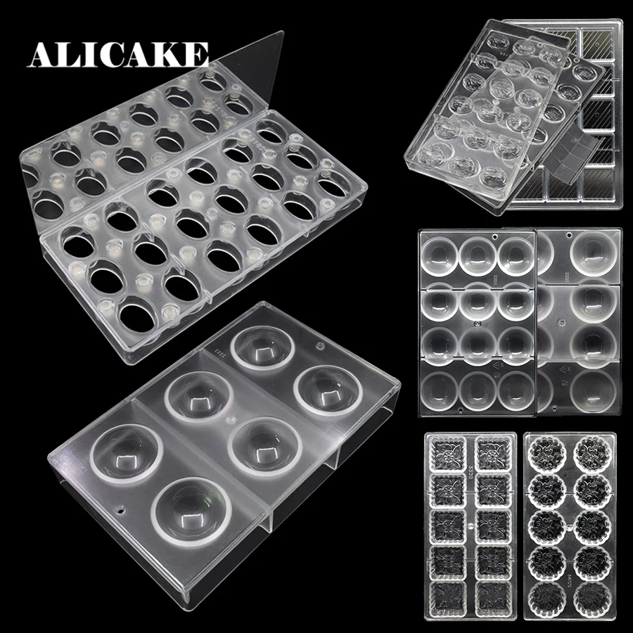 3D Polycarbonate Chocolate Mold Ball Sphere Moulds Mooncake Form Polycarbonate Plastic Bakeware Moulds Tray Baking Pastry Tools