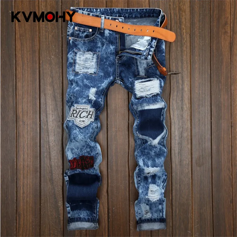 

Men's Ripped Jeans Hip Hop Pants Fit Blue Denim Jean Joggers Male Hole Distressed Destroyed Trousers Button Fly Pants Streetwear