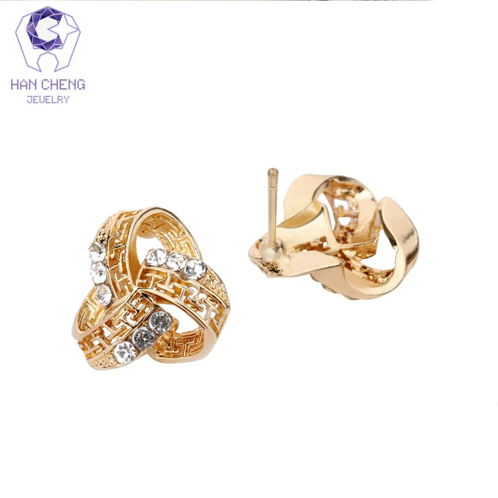 Женские сережки-гвоздики HanCheng с тремя полукруглыми золотыми камнями и стразами |