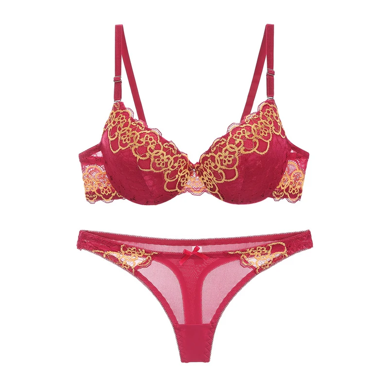 Ladychili женщи интимные сексуальные Кружево Флора Вышивка Push-Up Bra стринги Набор бесшовные мяч В виде ракушки топ-Бюстгальтер Трусики для женщин женское белье костюм n364