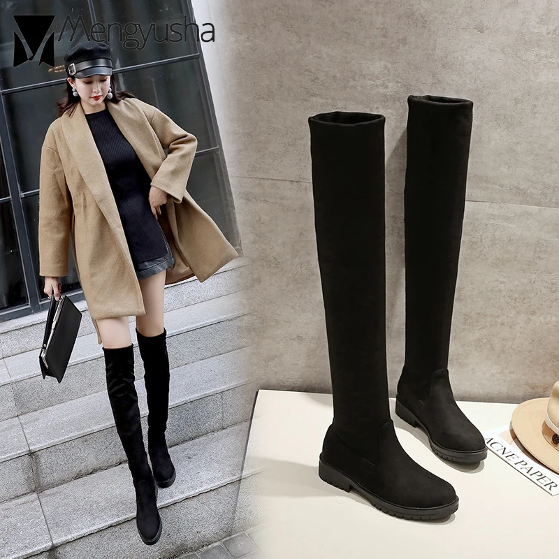 Кожаные женские ботфорты из флока botas голенище цилиндрической формы низкая обувь