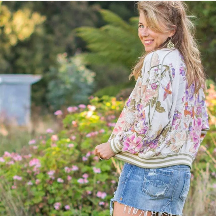 

Women Vintage Floral Print Bomber Rayon Cool Girl's Bomber Jacket In Black And Cream Colors