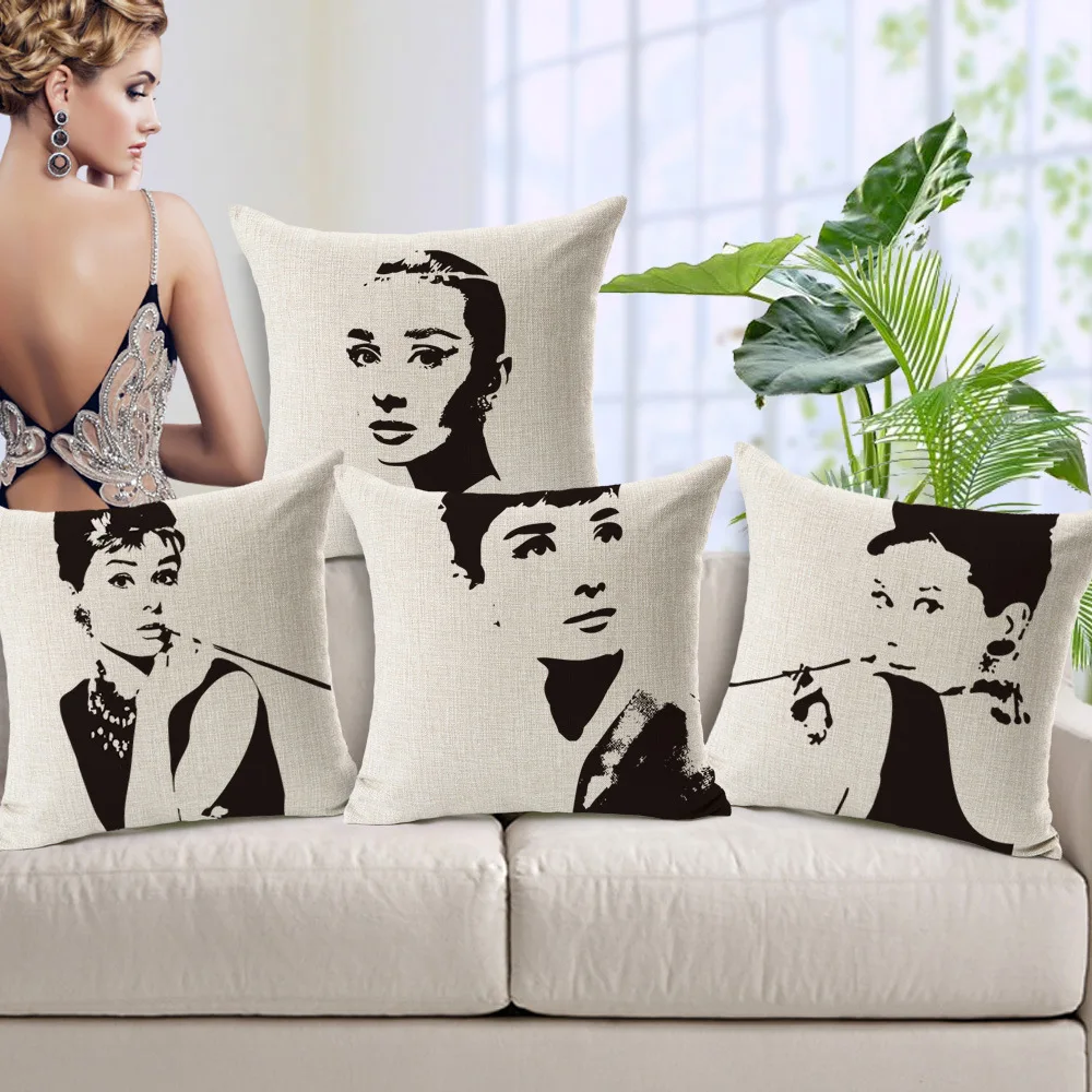 Суперзвезда Одри Хепберн лен хлопок печать ручной работы Sqare декоративные