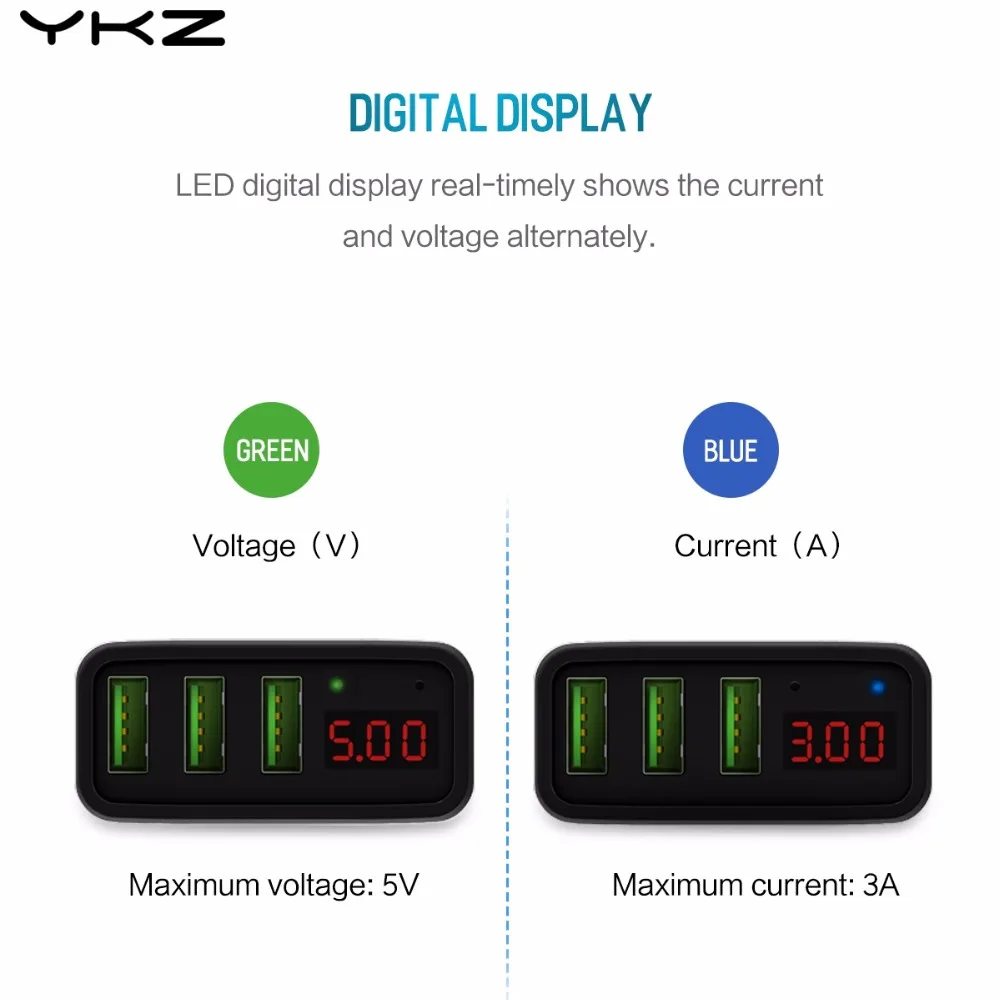 YKZ 3 USB порт зарядное устройство адаптер Светодиодный дисплей ЕС Plug Max 3.0A умная