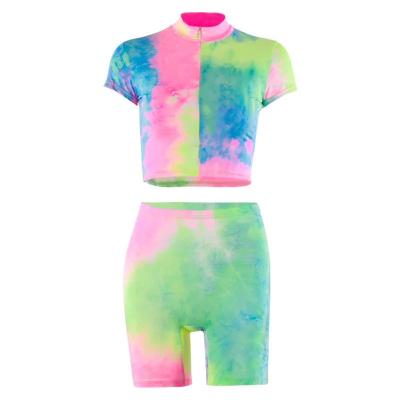 

Tie Dye Festival Sleeveless Top and Shorts Set Zipper Fashion Fitness Matching Set High Waist Shorts Streetwear