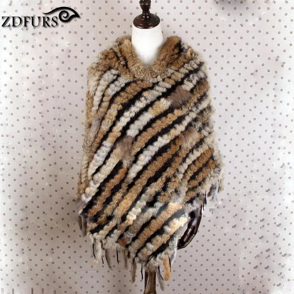 ZDFURS* Горячая Распродажа, Вязаное пончо из кроличьего меха с капюшоном, женская вязаная накидка из кроличьего меха, накидка с капюшоном, ZDKR-165007 - Цвет: nature brown